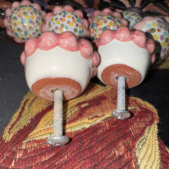 Mackenzie Childs Majolica 1.5 ”  Dot Pink Set Of 2 Knobs Pulls +Hardware