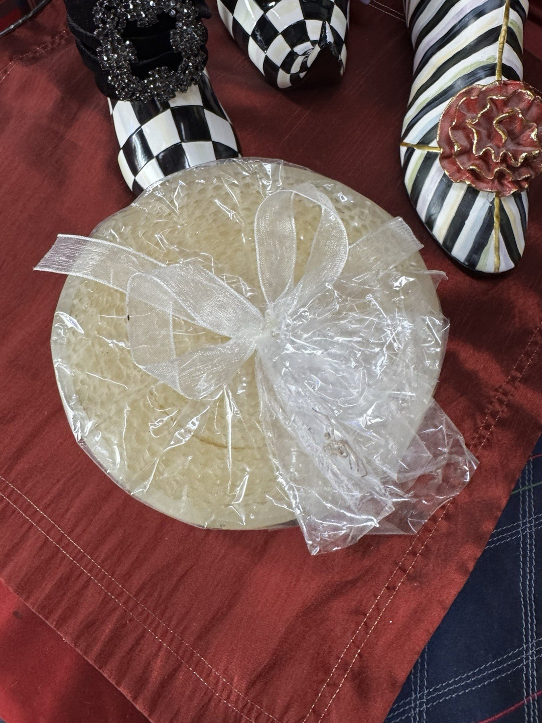 MacKenzie Childs Gold And White  Harlequin Pillar Candle 5 x 5" Beeswax Retired