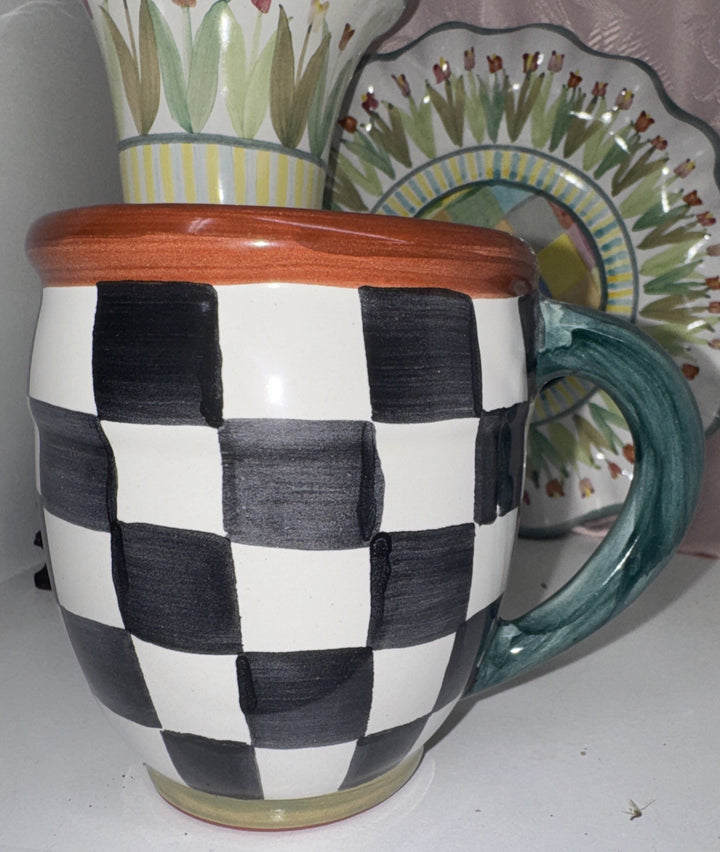 Mackenzie Childs Check Mate  Mug Black Courtly Hand Painted Majolica NWT