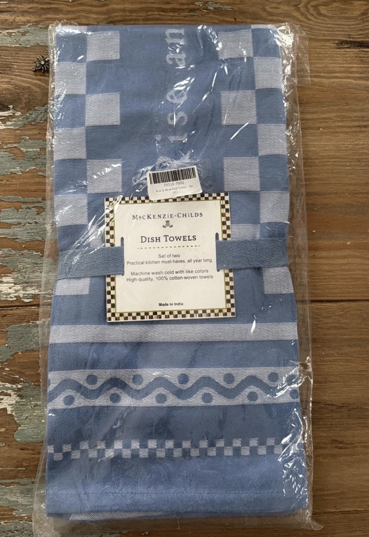 Mackenzie Childs Rise & Shine Blue Check Dish Towels Set Of 2 New In Bag