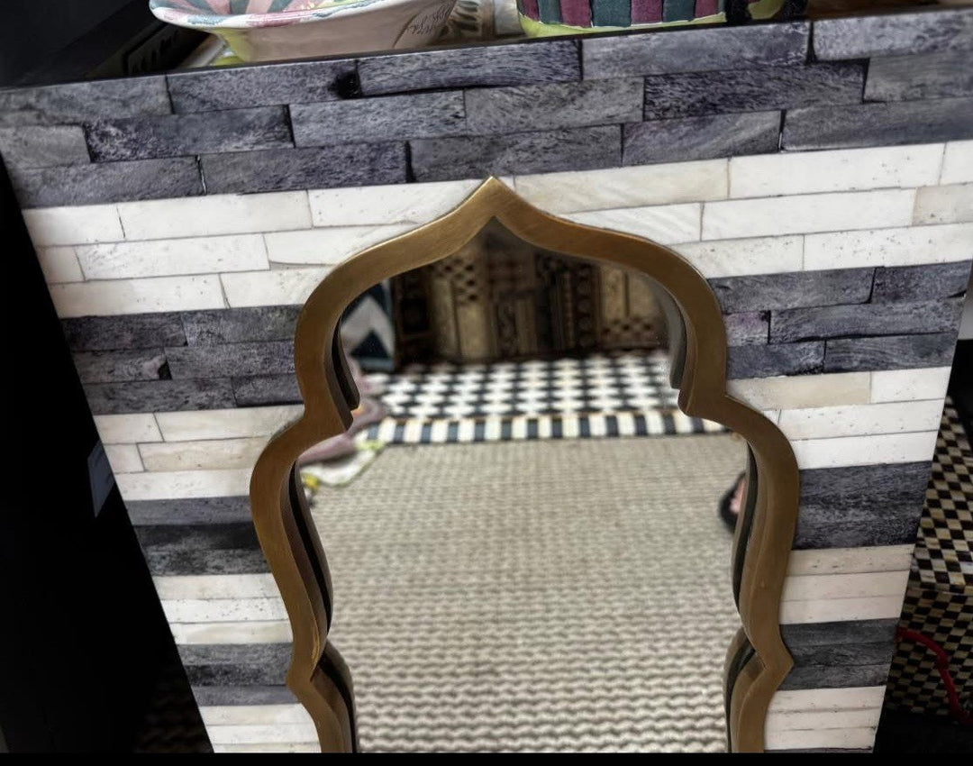 Mackenzie Childs Tigris Accent Wall Mirror 12” X20” Bone Inlay And Brass