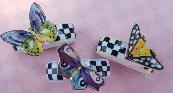 Mackenzie Childs butterfly   Toile NAPKIN RINGS SET 3   NEW