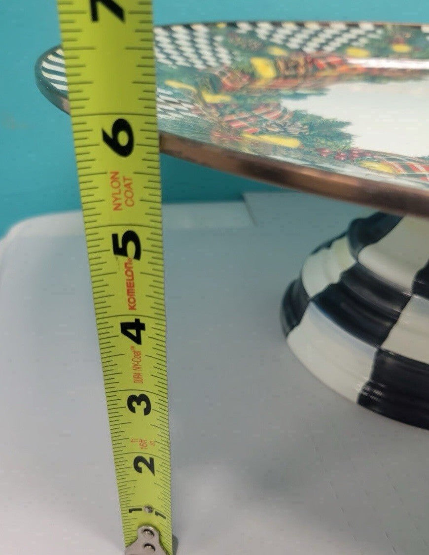 MACKENZIE CHILDS Courtly Check Evergreen Enamel Pedestal Platter - LARGE 16 Tall