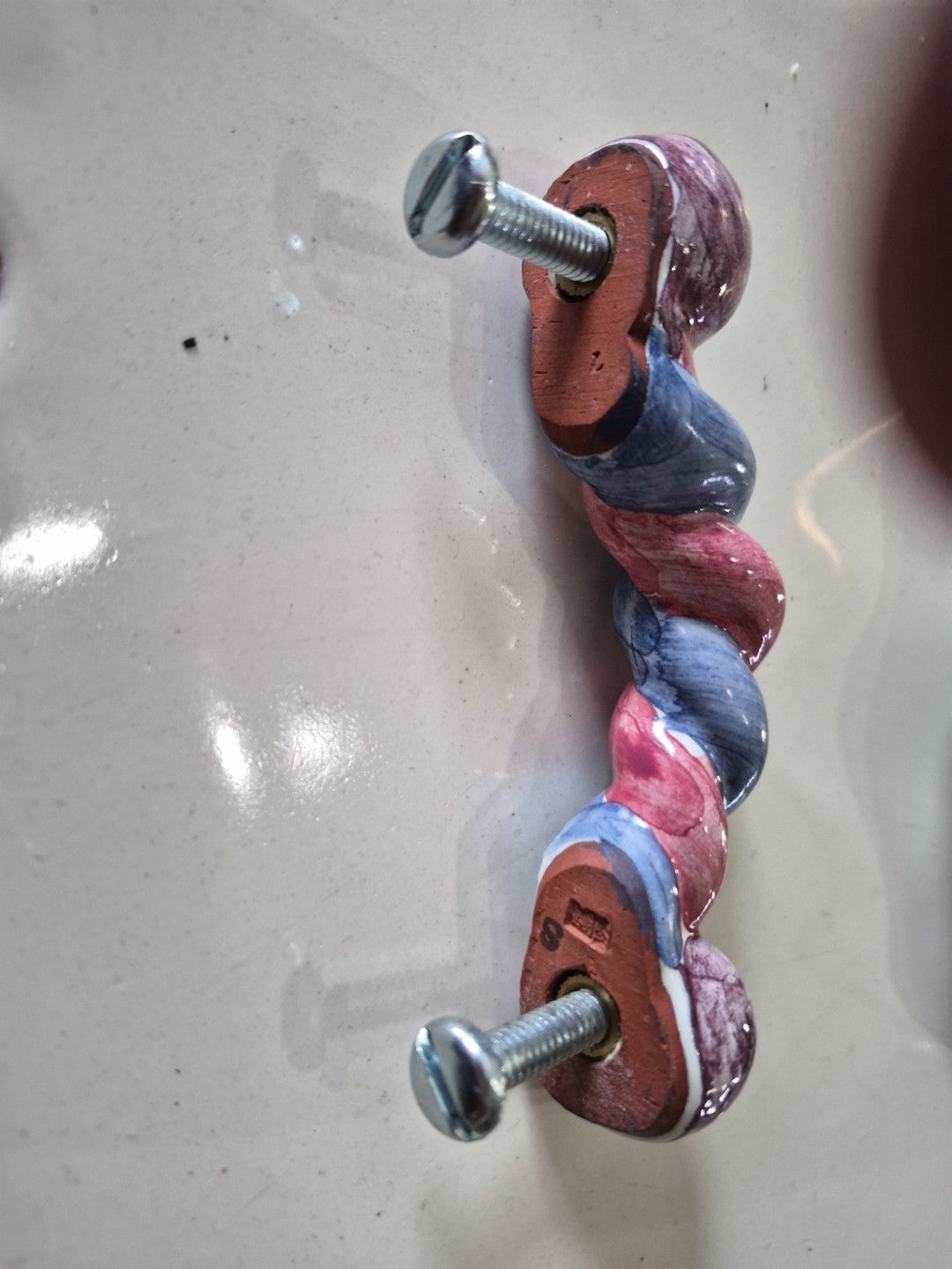 Mackenzie Childs  4.75 Twist Ceramic Handle Pull Knob Purple Blue Pink