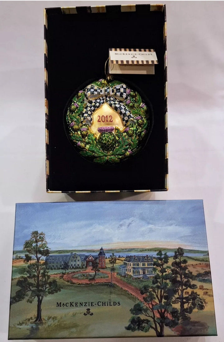 Mackenzie Childs Glass Thistle Ornament Wreath 2012 New With Box 4” Round