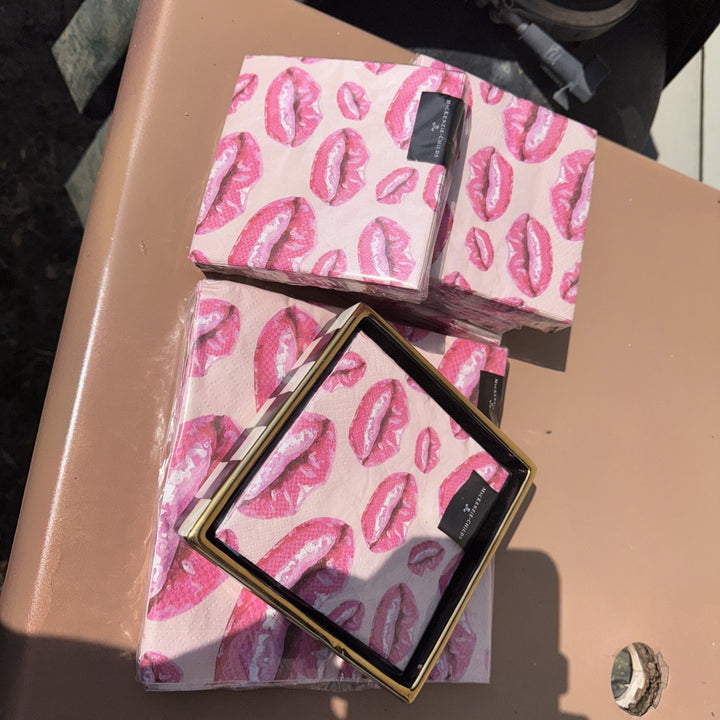 Mackenzie Childs Pink Lips Pucker Up Paper Cocktail Napkins 20 pack, Retired