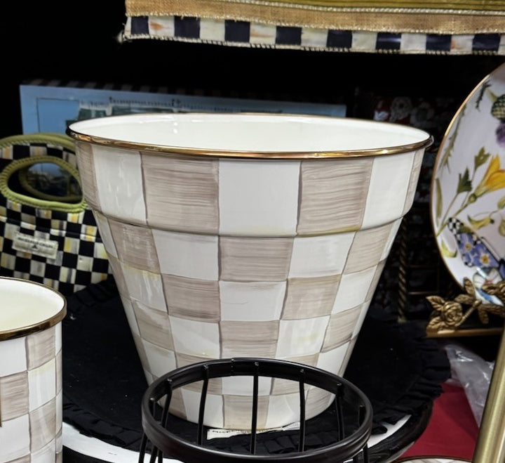 MacKenzie Childs Mocha Check Extra Large Enamel Pot Planter 12” W And 9.5” Tall