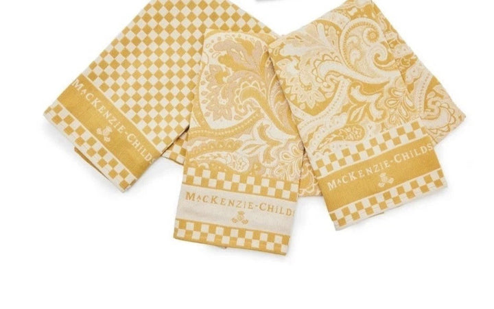 MacKenzie Childs Paisley & checks yellow set of 3 cotton dish towels NEW w/tags!