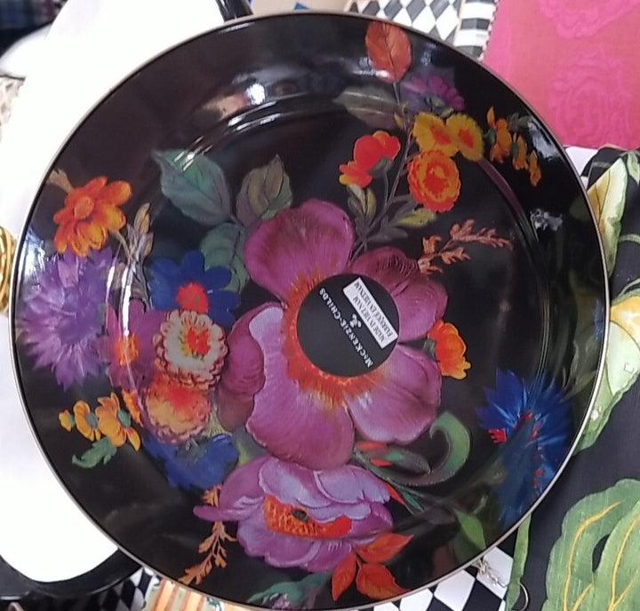 MacKenzie Childs Black  Flower Market Enamel Plate Charger 12 inch Excellent