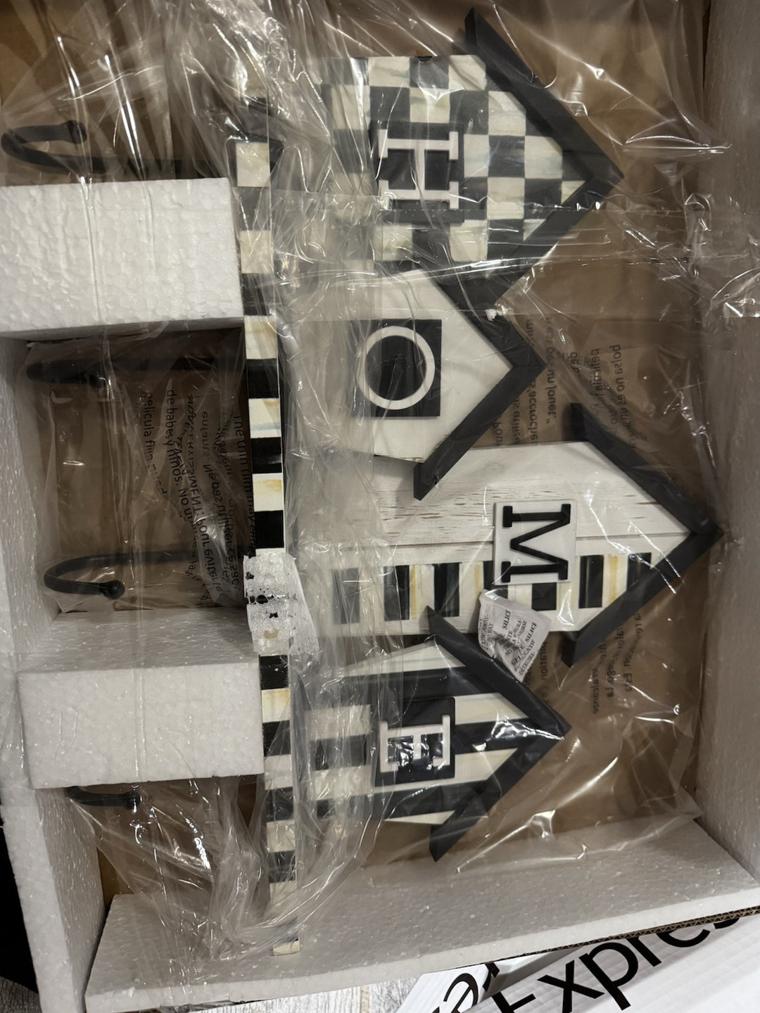 Mackenzie Childs Home  Sign with black metal hooks Sweaters- Courtly Check Nib