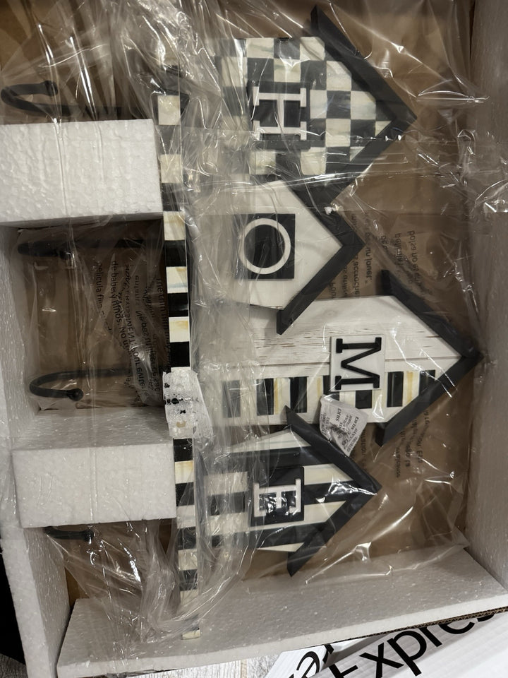 Mackenzie Childs Home  Sign with black metal hooks Sweaters- Courtly Check Nib