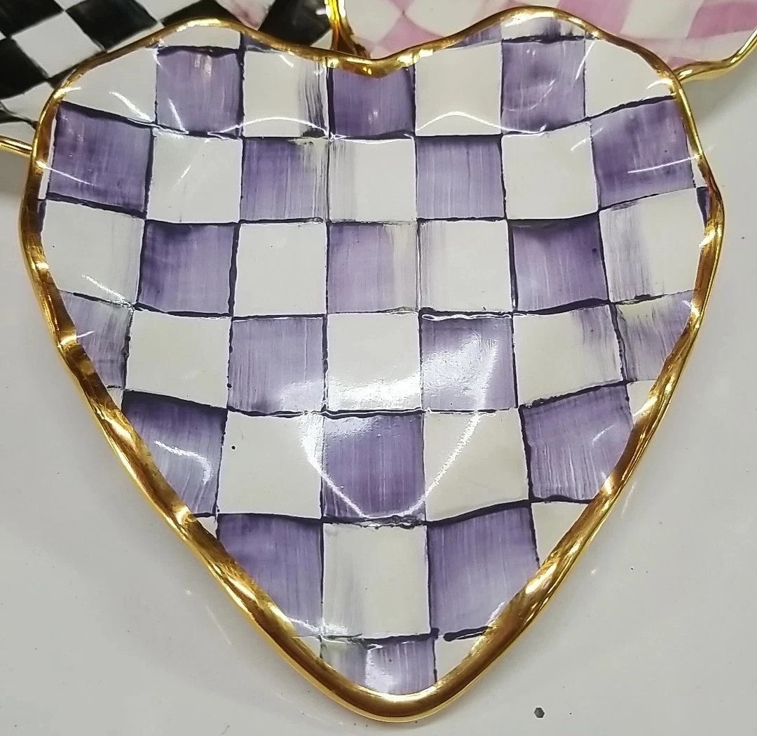New Mackenzie Childs Plum Purple Check Fluted Ceramic Heart Plate- Gold Trim