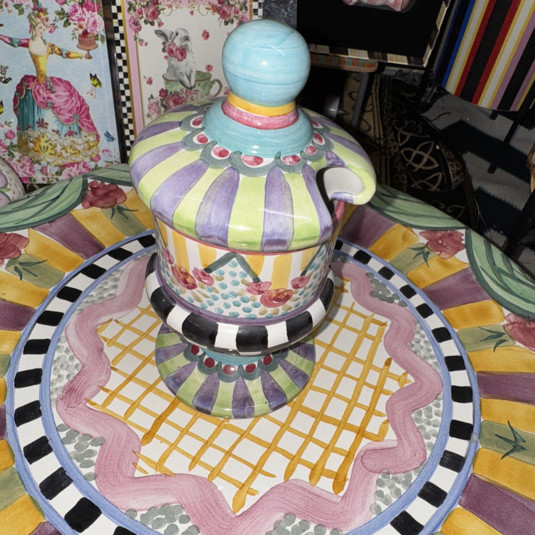 Retired Mackenzie Childs Taylor- Odd Fellows Ceramic Footed Jam Pot Brand 2010