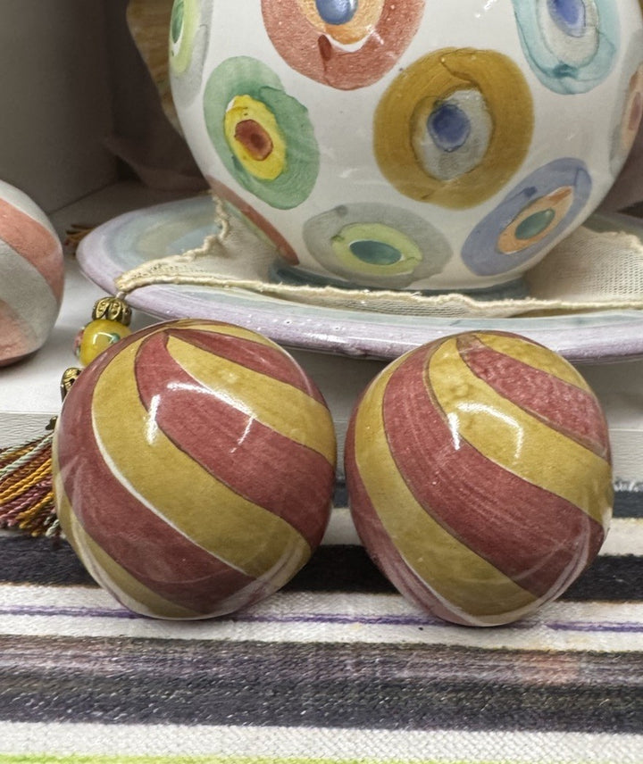 Mackenzie Childs Set Of 2 Frank & Mustard Swirl Knobs / Pulls Ceramic W Hardware