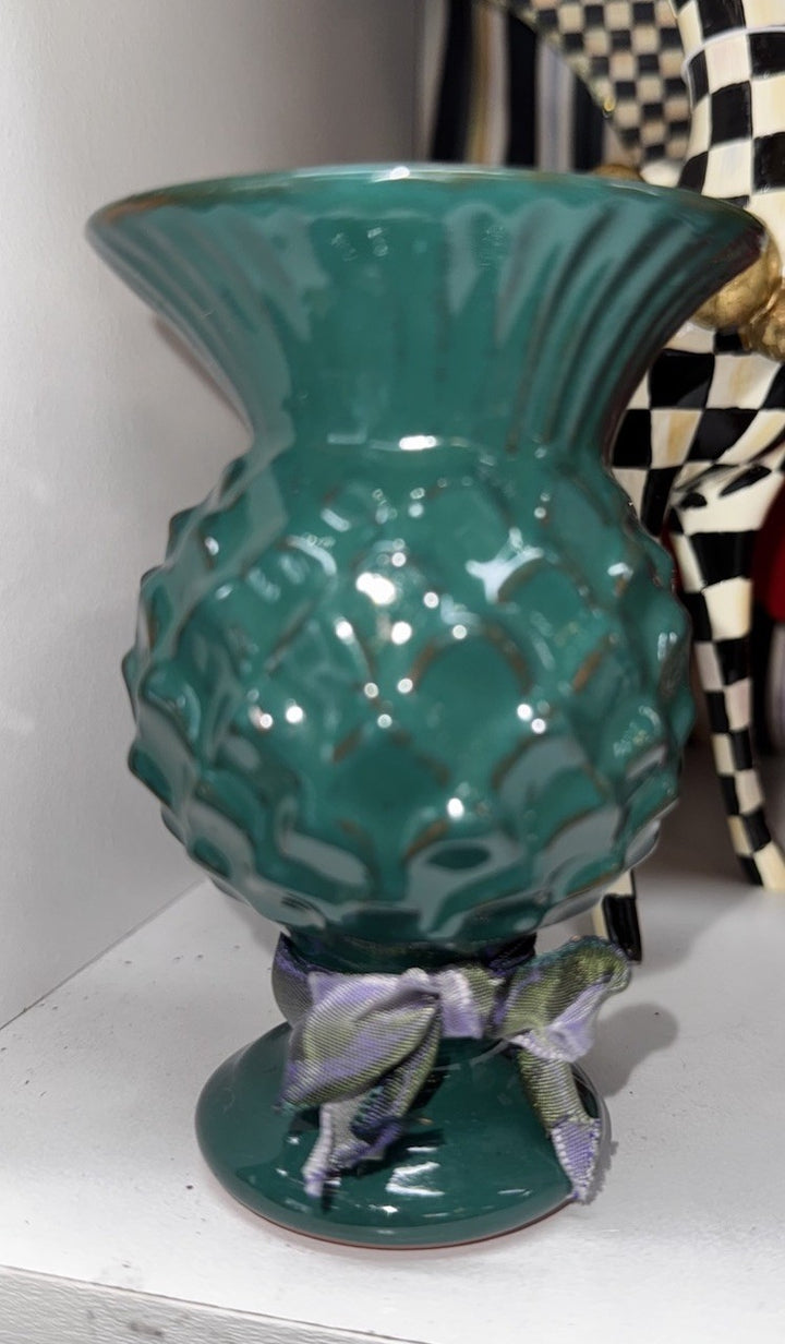 Mackenzie Childs Small  Thistle Vase - Dark Green Ceramic - 4.5” Tall- New