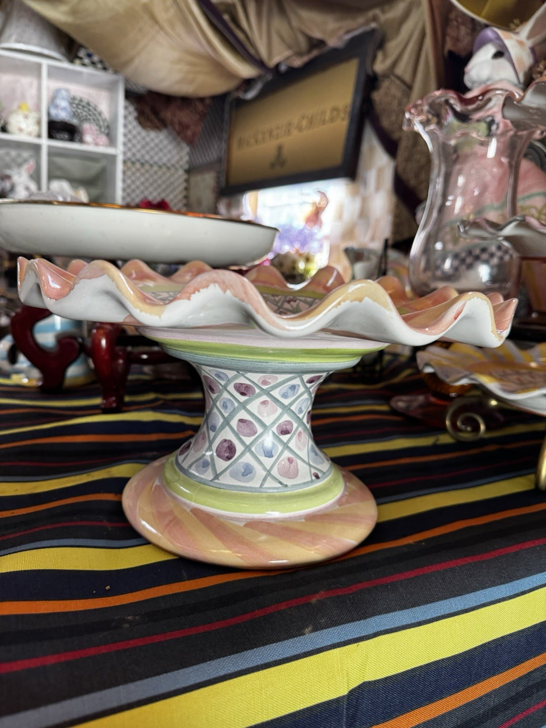 Mackenzie Childs VTG Taylor Bearded Iris  Cake Stand Ceramic Made In Aurora