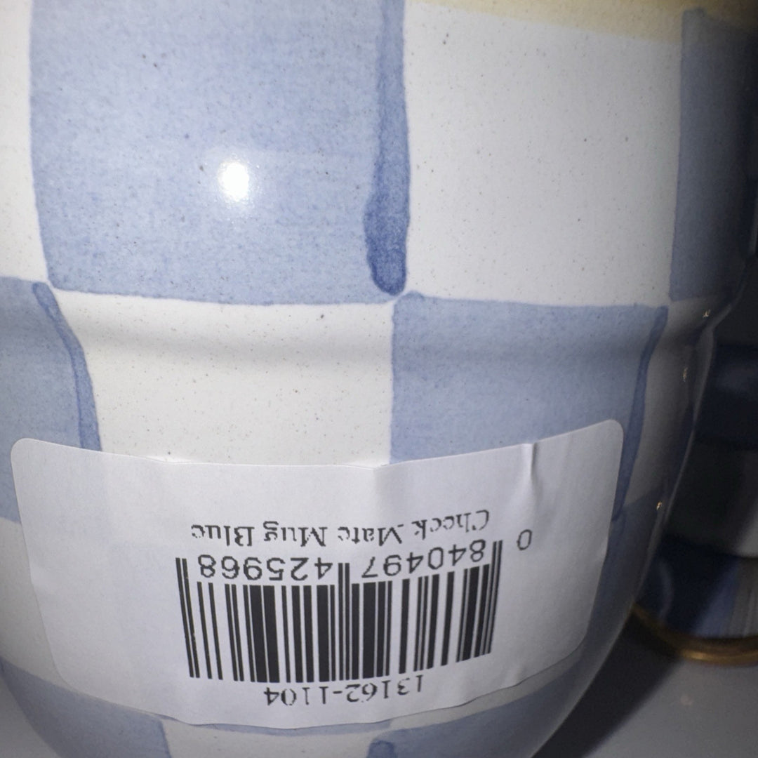 Mackenzie Childs Check Mate  Mug Blue Sky Check Hand Painted Majolica NWT