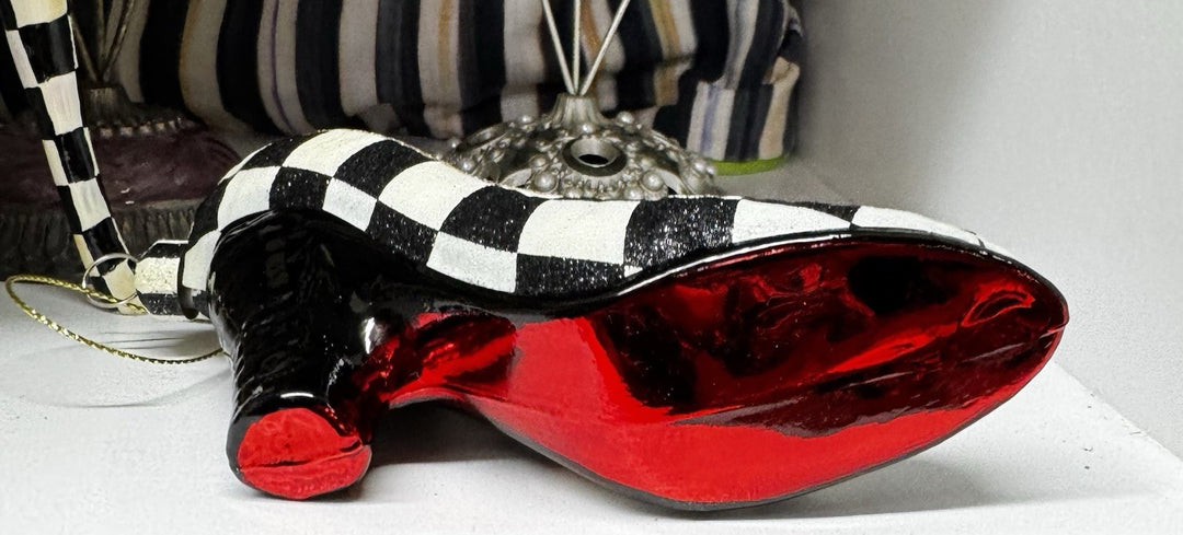 MacKenzie Childs Courtly Check High Heel Shoe Glass Christmas Tree Ornament
