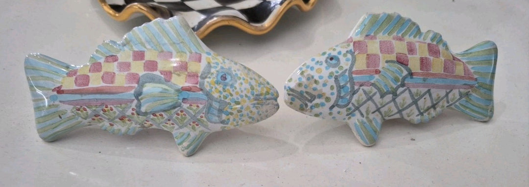 Set 2 Vintage MacKenzie-Childs Pottery Fish Cabinet Knobs / Drawer Pulls Teal