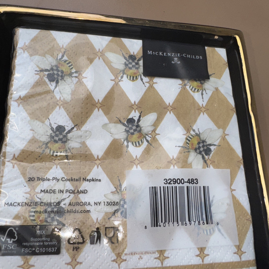 Mackenzie Childs Mocha Bee Harlequin Paper Cocktail Napkins 20 pack, NEW Retired