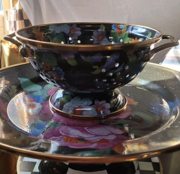 MACKENZIE Childs Black Flower Market  SMALL ENAMEL COLANDER RETIRED