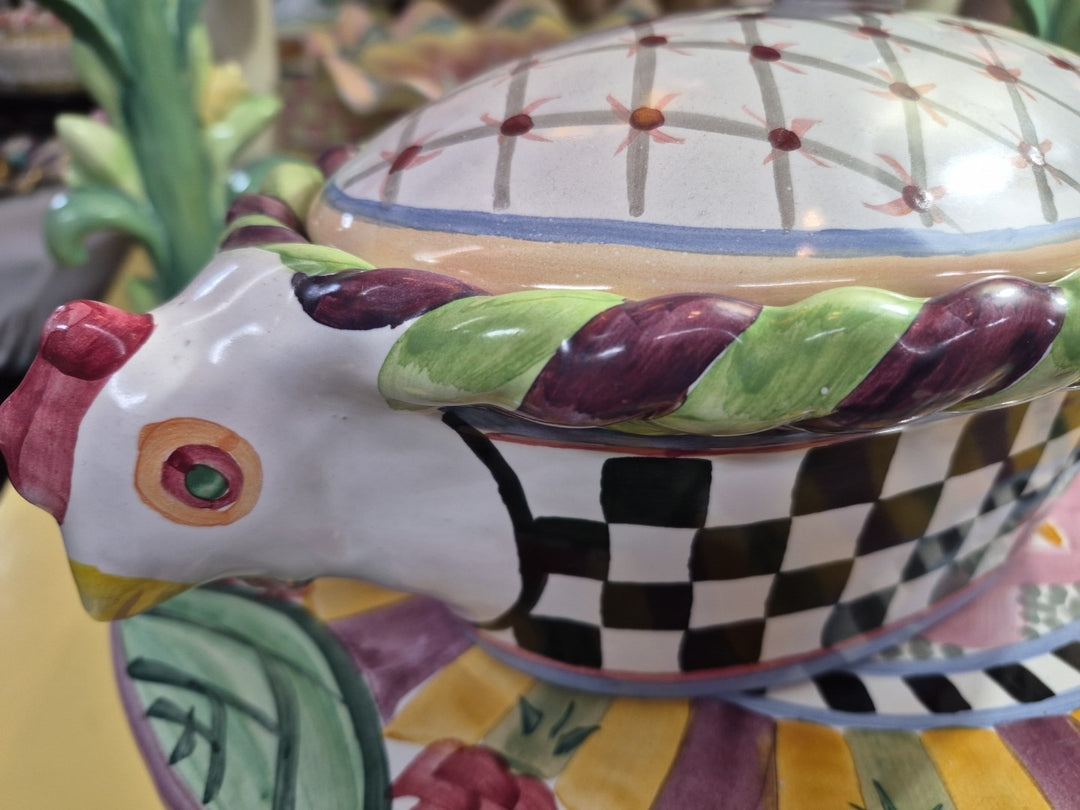 MacKenzie Childs Ceramic Lidded Piccadilly Chicken Casserole Dish- Handmade