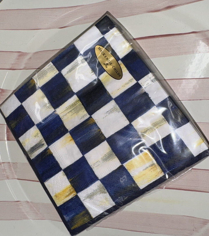 Mackenzie Childs Deck Royal Blue check Paper Cocktail Napkins 20 pack, NEW