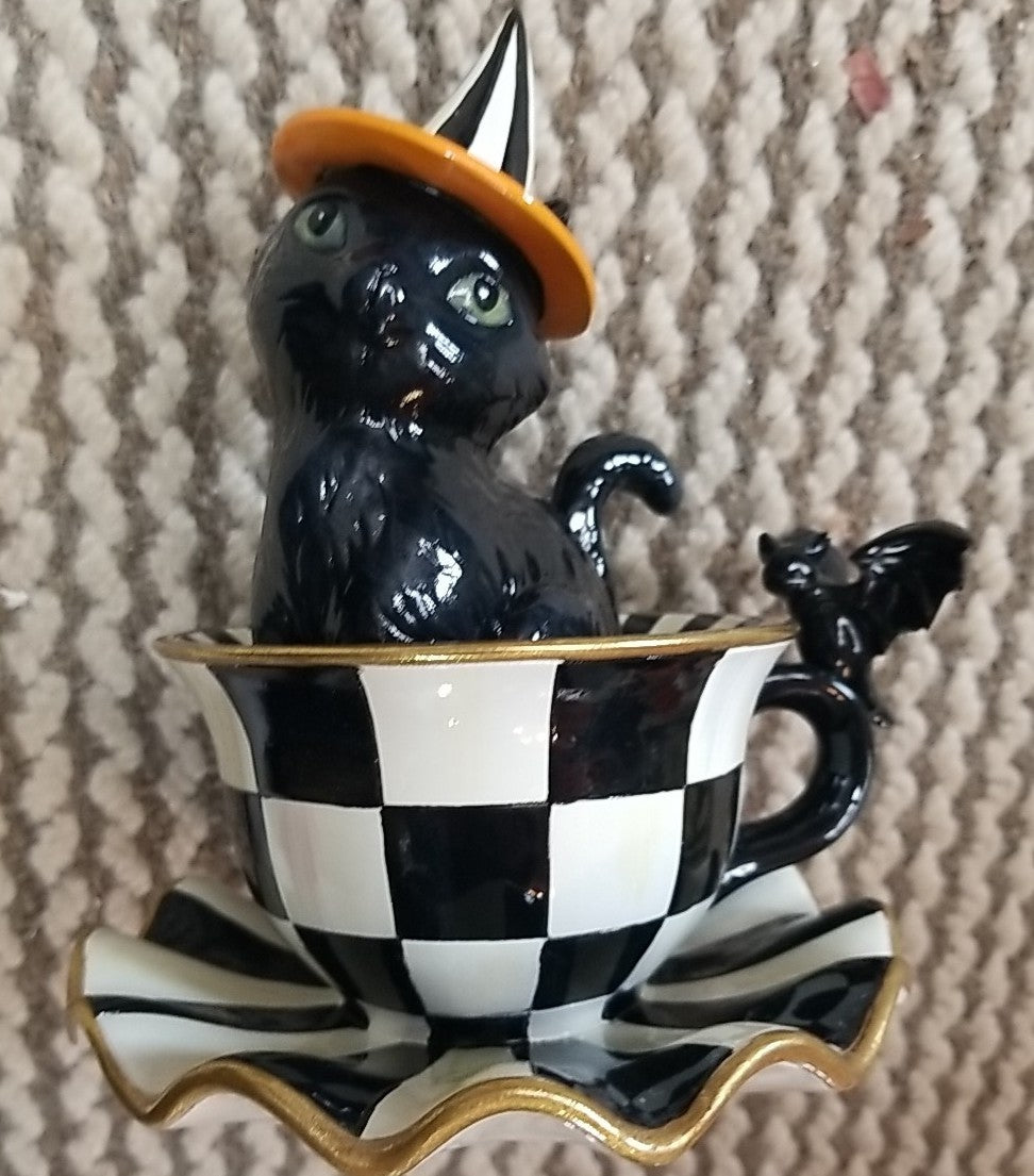 MacKenzie Childs Halloween Cat Teacup Figurine