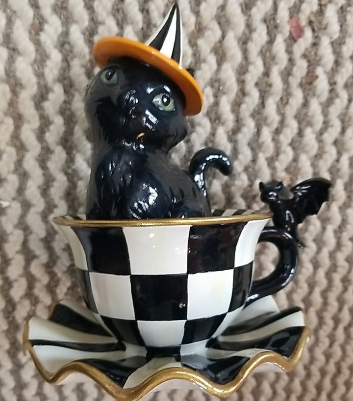 MacKenzie Childs Halloween Cat Teacup Figurine