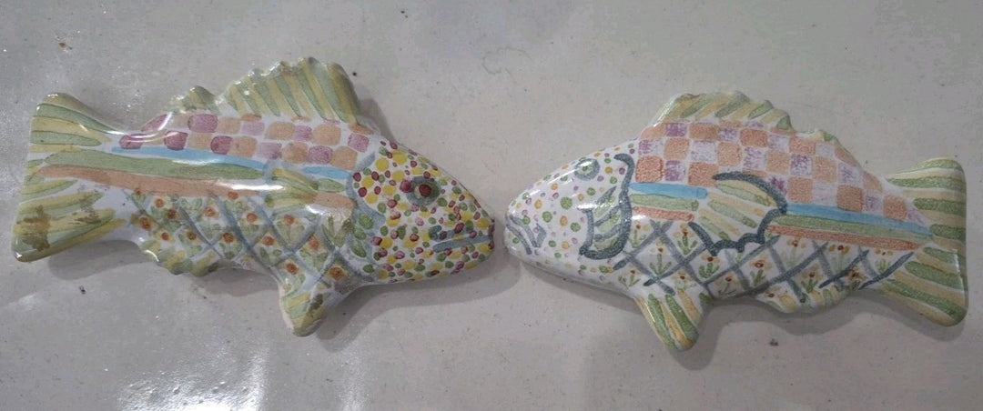Pair Vintage MacKenzie-Childs Pottery Fish Cabinet Knobs / Drawer Pulls