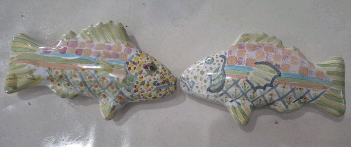 Pair Vintage MacKenzie-Childs Pottery Fish Cabinet Knobs / Drawer Pulls