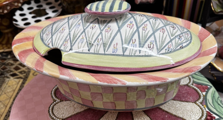 MacKenzie Childs Taylor Bearded Iris  Oval Serving Bowl with Lid 13.5”x 9.5”