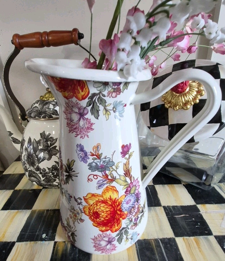 MacKenzie Childs Practical Pitcher Metal White Flower Market SMALL 8.5" TALL