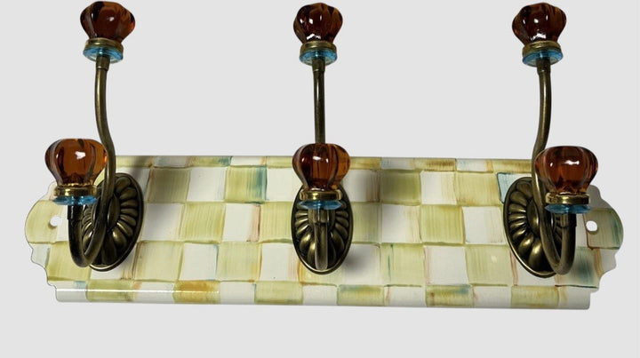 MacKenzie Childs Parchment Check Enamel Triple Wall Hook Blue Rings- Retired
