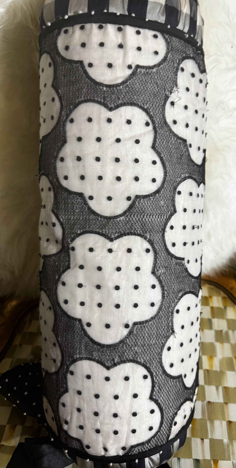 MacKenzie Childs Vintage Silk Large Bolster Pillow Black And Beige  Flower Read