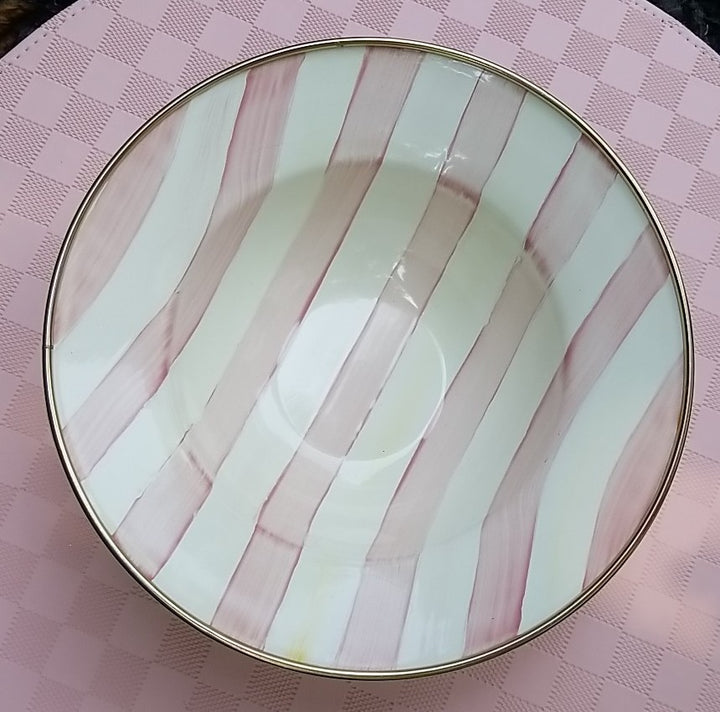 MacKenzie Childs Pink Stripe Bathing Hut   Breakfast Bowl, 8” -enamel