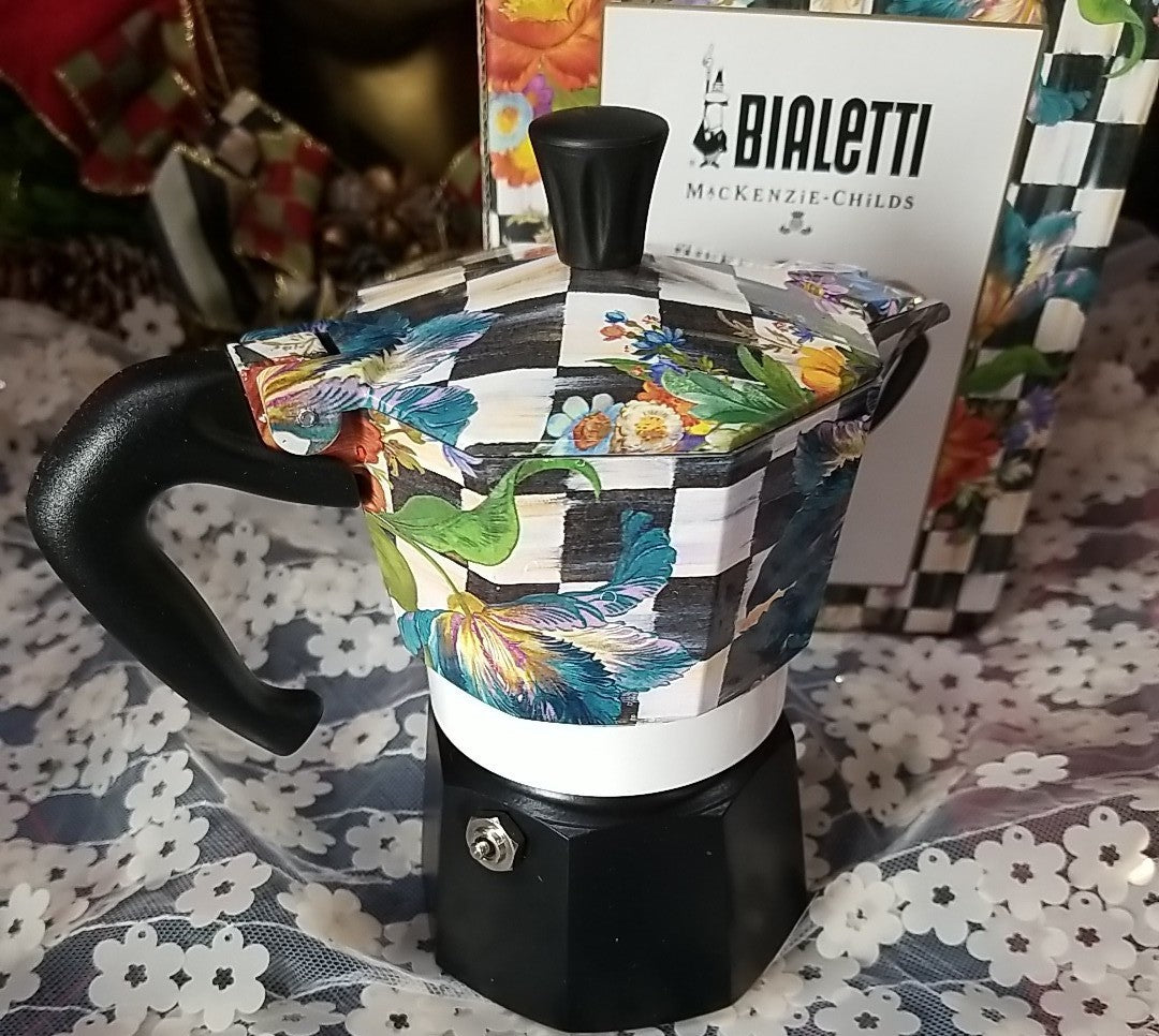 MacKenzie Childs BIALETTI MOKA POT 3 CUP COFFEE FLOWER HAND PAINTED BRAND NEW