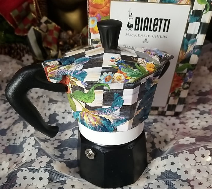 MacKenzie Childs BIALETTI MOKA POT 3 CUP COFFEE FLOWER HAND PAINTED BRAND NEW
