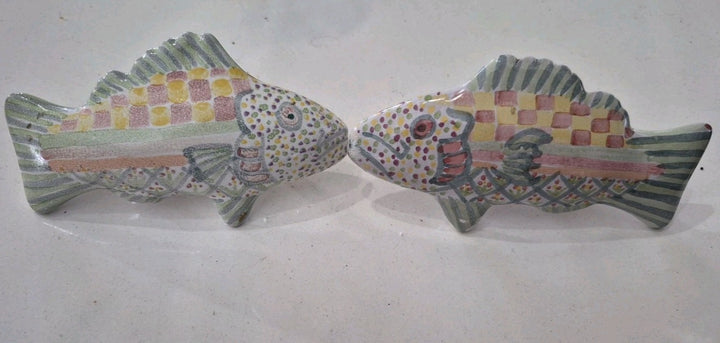 Set 2 Vintage MacKenzie-Childs Pottery Fish Cabinet Knobs / Drawer Pulls Green