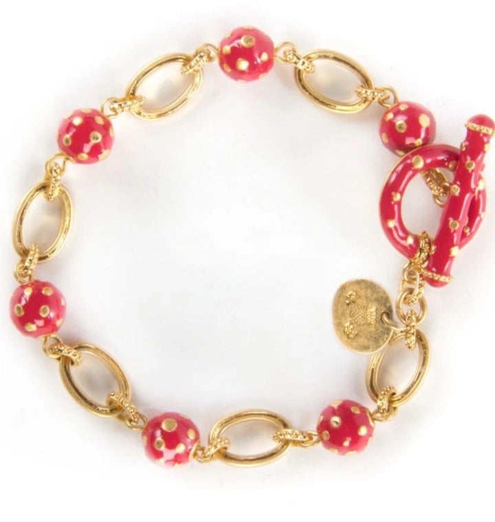 Mackenzie Childs Red Polka Dot Enamel Toggle Charm Bracelet- 8" inch Retired