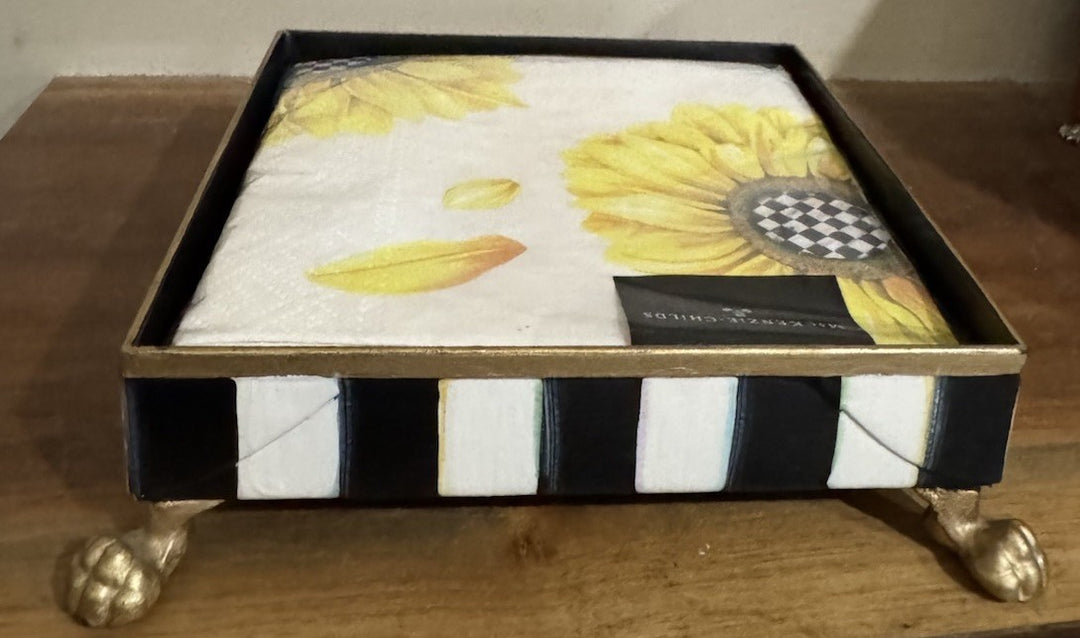 MacKenzie Childs Sun Flower  Cocktail Napkin Holder Gold Lion Claw Feet Tray