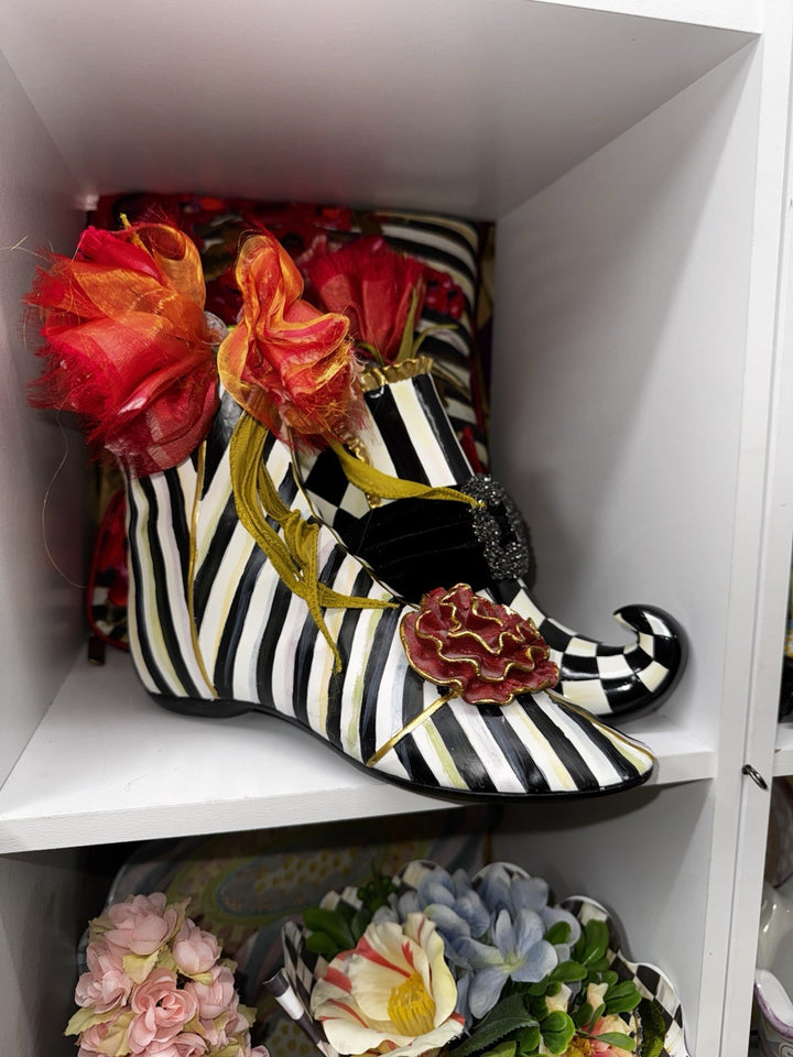 Mackenzie Childs Courtly Stripe Shoe Vase - With Red Flower - Retired