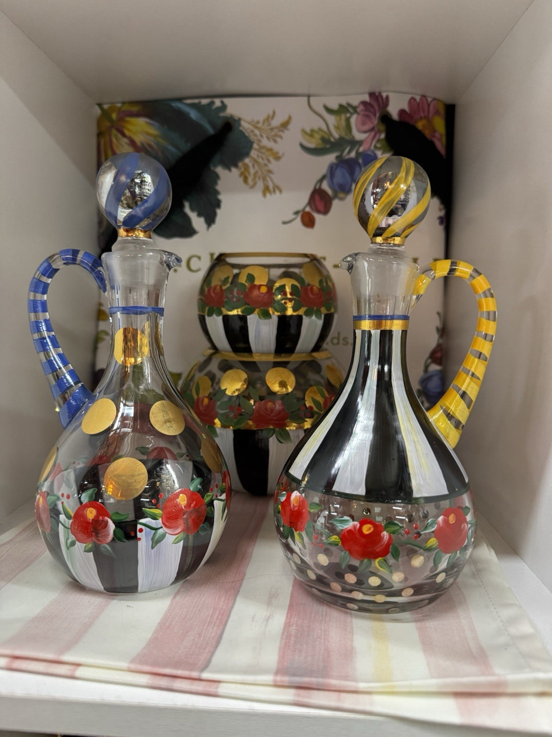 Mackenzie Childs Oil Or Vinegar Cruet Yellow Top Red Flowers Circus Design 7.25”