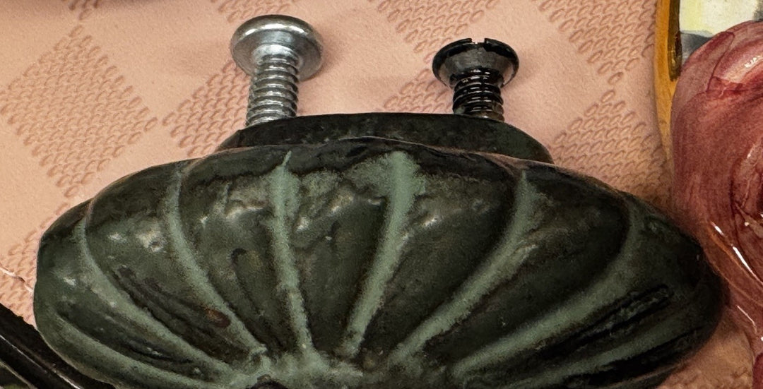 Mackenzie Childs Set of 2 Metal Green Flower Drawer Outdoor Pulls Handles Knobs