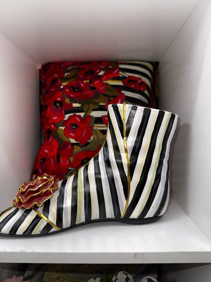 Mackenzie Childs Courtly Stripe Shoe Vase - With Red Flower - Retired