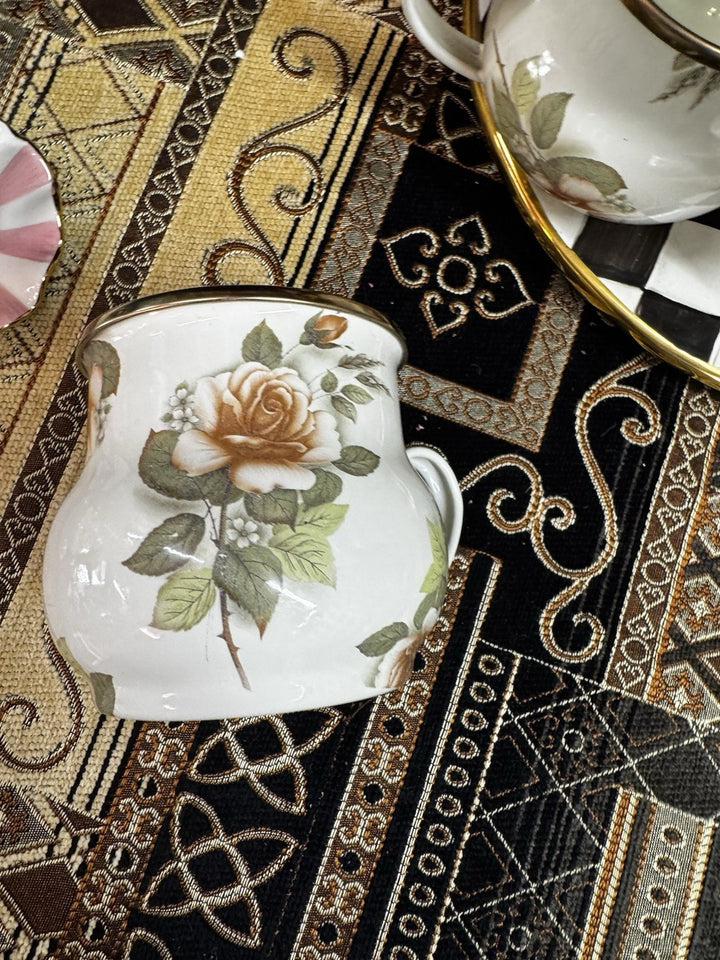 Mackenzie Childs White Floral Camp enamel Coffee cup mug Floral Set Of 2