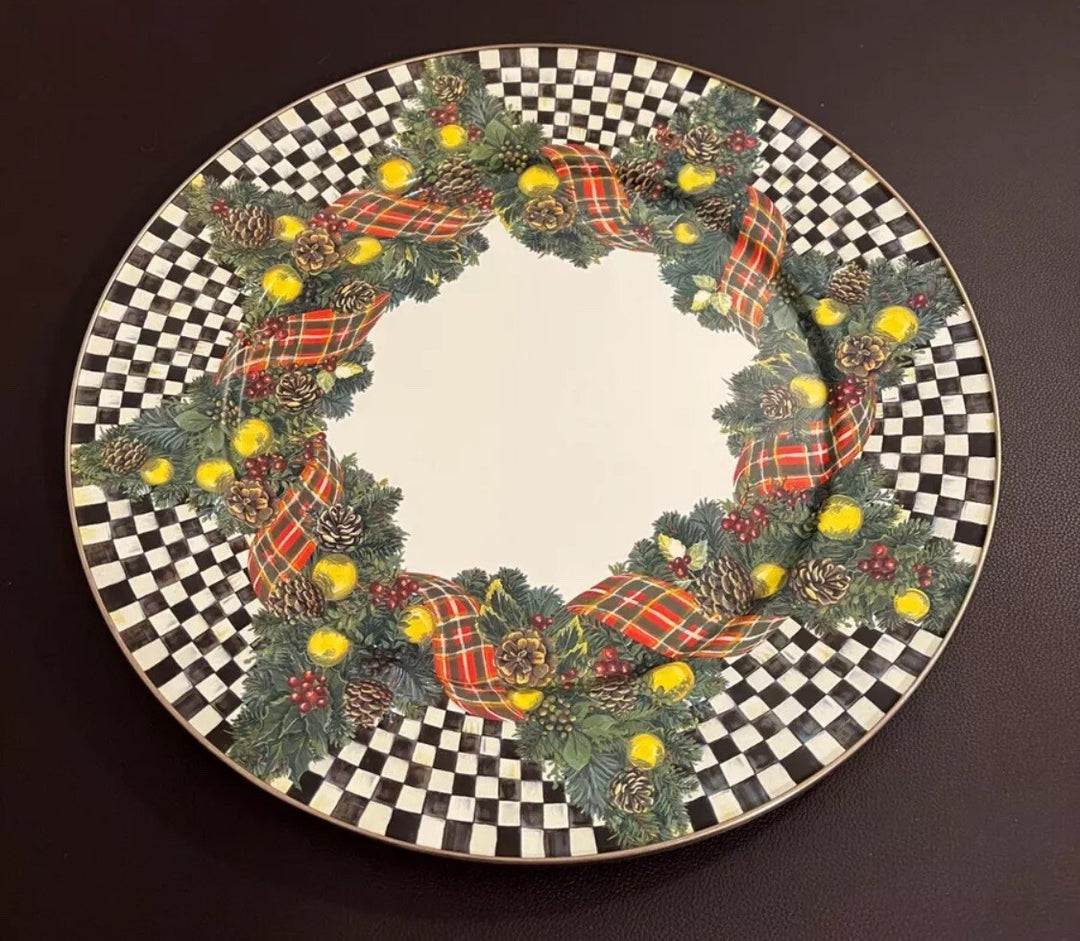 MACKENZIE CHILDS Courtly Check Evergreen Enamel Pedestal Platter - LARGE 16 Tall