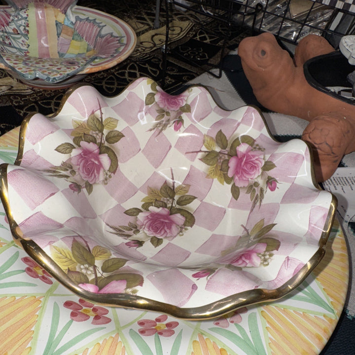Mackenzie Childs Pink Rose Honeymoon  Fluted  Breakfast bowl 8.5” Ceramic