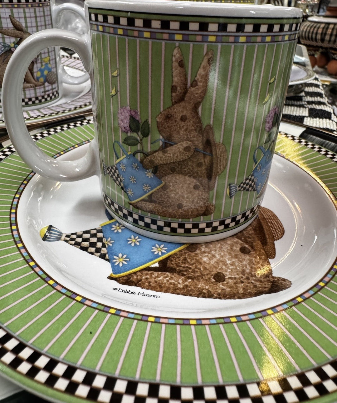 Debbie Mumm Sakura Easter Plate 8 1/4" Bunny Easter Watering Can 1998- Checks