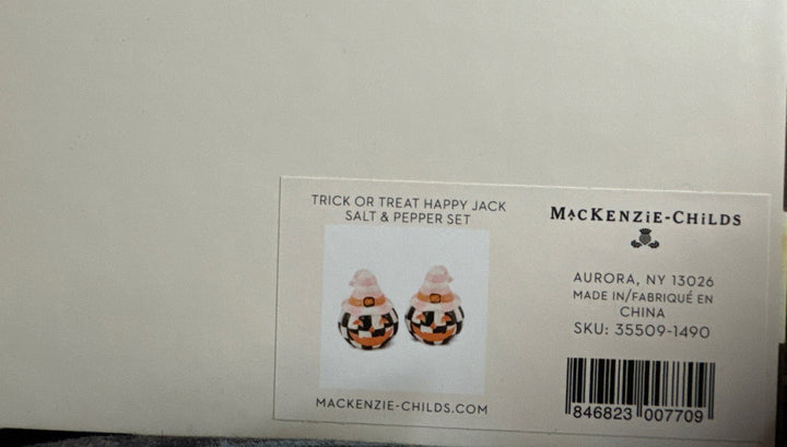 Mackenzie Childs Trick Or Treat Happy Jack Rosy Salt and Pepper Set  New In Box